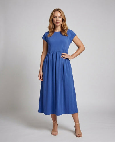 Ladies Midi Dress Round Neck Ruffled Waist