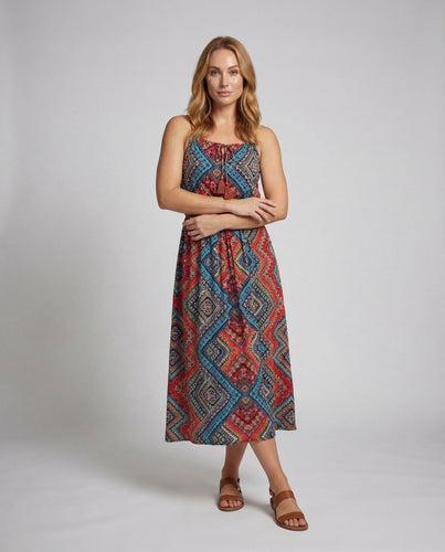 Women's Boho Midi Dress Smocked Waist Tassel Band