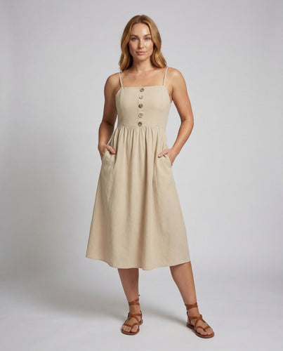 Women Spaghetti Strap Midi Dress Decorative Button Placket