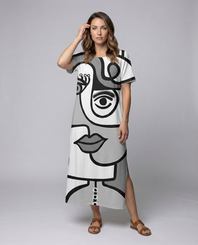 Women Maxi Dress Abstract Face Print