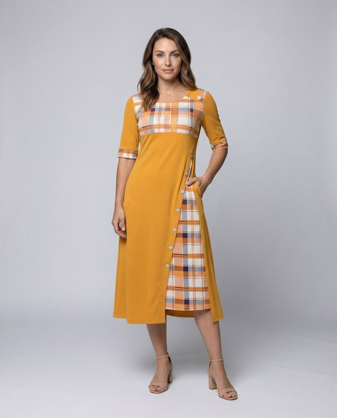 Women's Midi Dress Checked Top 3/4 Sleeves