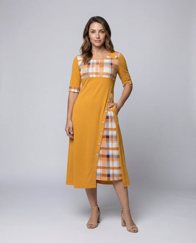 Women's Midi Dress Checked Top 3/4 Sleeves