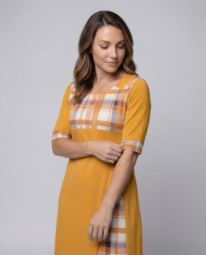 Ladies Midi Dress Checkered Top 3/4 Sleeves
