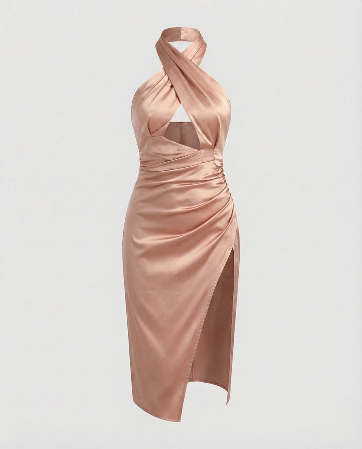 Women Halter Midi Dress High Side Slit