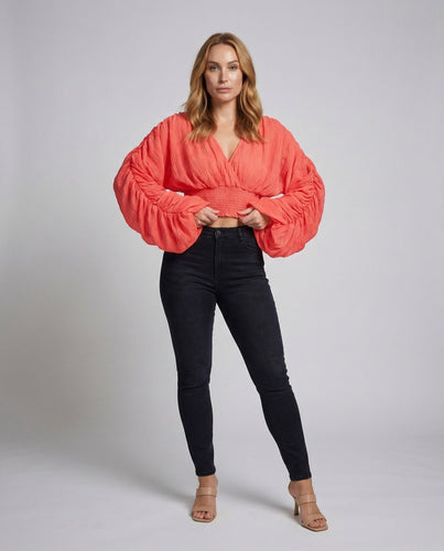 Women's Pleated Short Blouse Tiered Balloon Sleeves