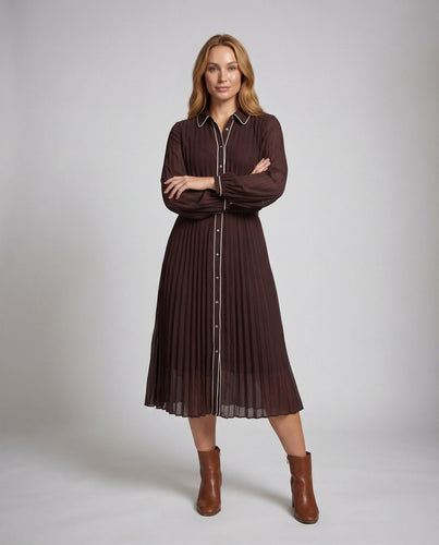 Women Pleated Shirt Dress Contrast Piping