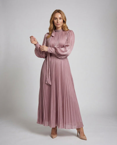 Women's Pleated Maxi Dress Bow Stole Balloon Sleeves