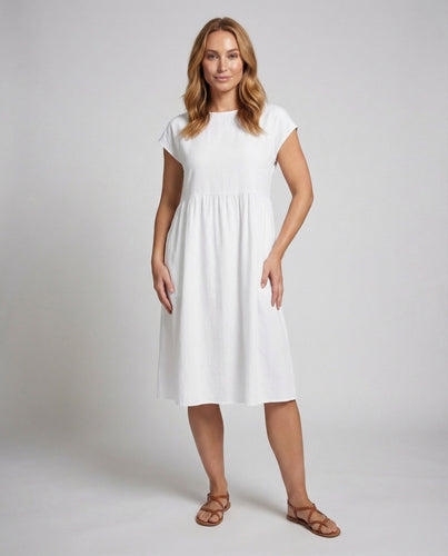 Women Empire Midi Dress Textured Linen Look