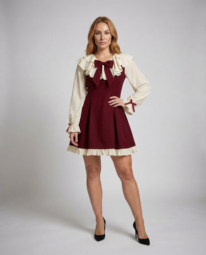 Women Mini Dress Ruffle Collar Bow Application
