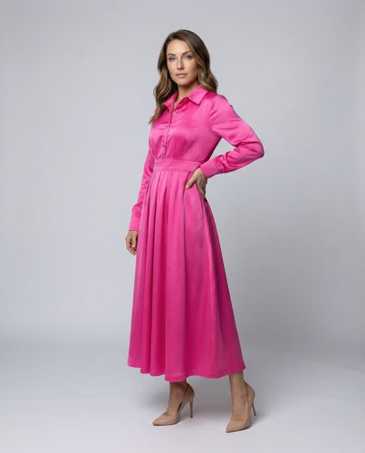 Women's Satin Shirt Dress Maxi Length Tie Belt