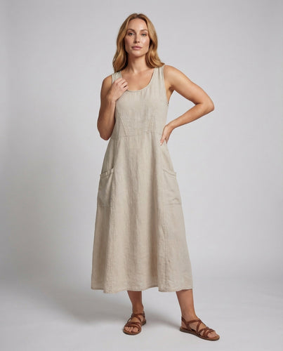Women Linen Maxi Dress Diagonal Division Seam