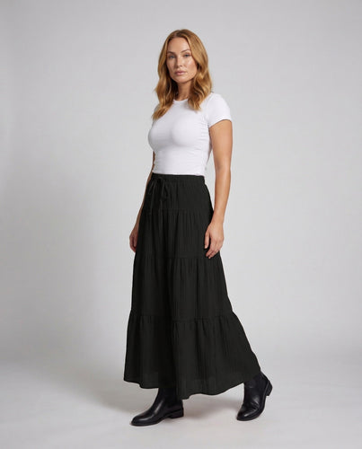 Layered Maxi Skirt Elastic Waist Pleated Look