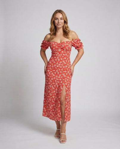 Women Bardot-Midi Dress Gathered Heart Neckline
