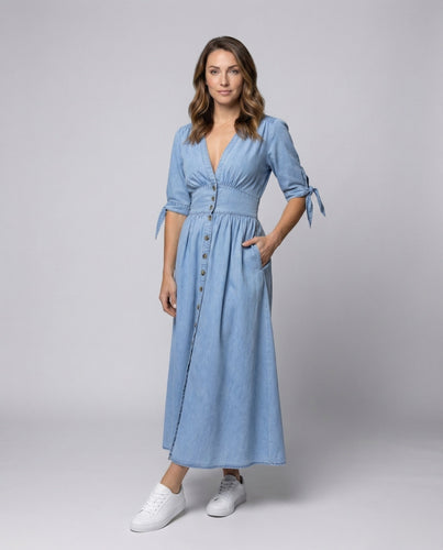 Women Denim Maxi Dress Bow Sleeves V-Neck