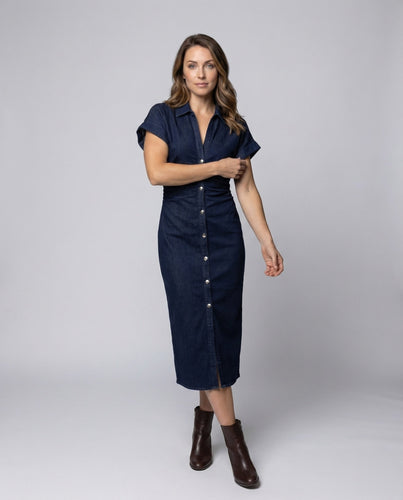 Women's Shirt-Midi Dress Waist Ruching Roll-Up Sleeves