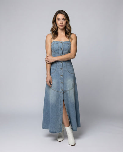 Women's Denim Fabric Bustier Maxi Dress Concealed Button Placket