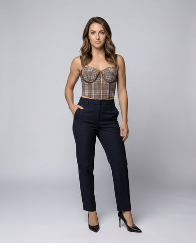 Ladies Check Bustier Underwired Cups Faux Leather Piping