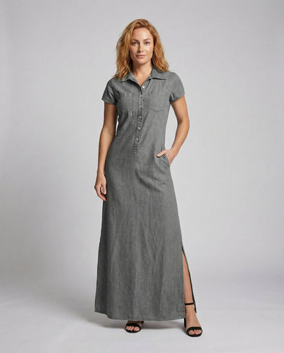 Women's Maxi Polo Dress Linen Look Side Slit