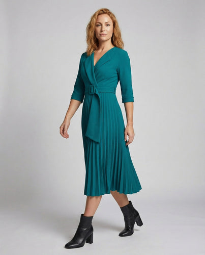 Women’s Midi Dress Notched Collar Pleated A-Line Skirt