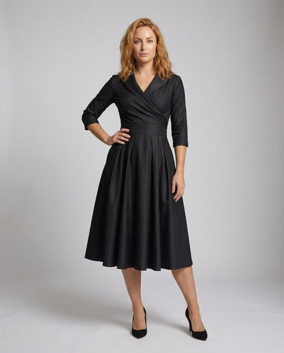 Women Midi Dress Shawl Collar Voluminous A-Line Skirt