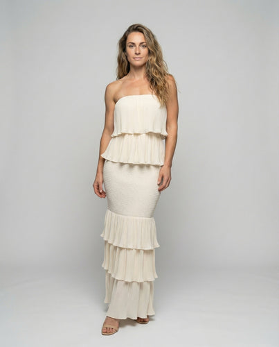 Women's Pleated Maxi Dress Bandeau Top Ruffle Skirt