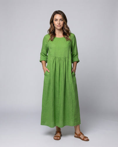 Ladies Linen Maxi Dress Under Bust Seam Three Quarter Sleeves