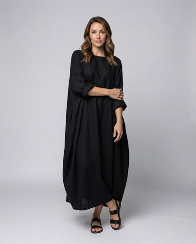 Women Maxi Dress Linen Look Boot Neck