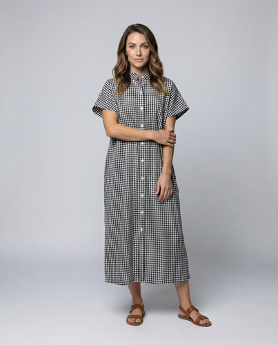 Women's shirt dress Vichy check stand collar