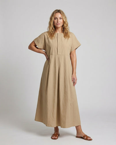 Women A-line maxi dress linen blend pleats