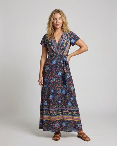 Women Wrap Maxi Dress Floral Border Look