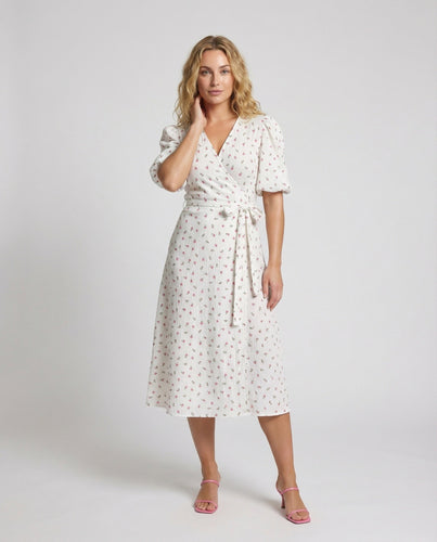 Women Wrap Midi Dress Cotton Gauze Puff Sleeves