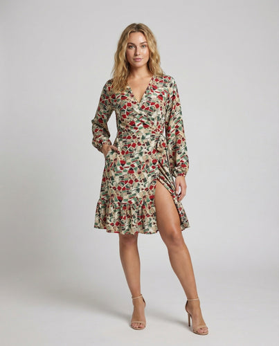 Women Wrap Dress Mosaic Print Ruffle Hem