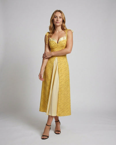 Women's Double Layer Midi Dress Polka Dot Print Side Split