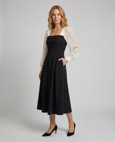 Women's A-Line Midi Dress Chiffon Puff Sleeves Corset Bodice