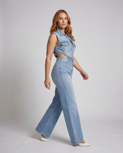 Women Jeans Jumpsuit Shirt Collar Wide Leg