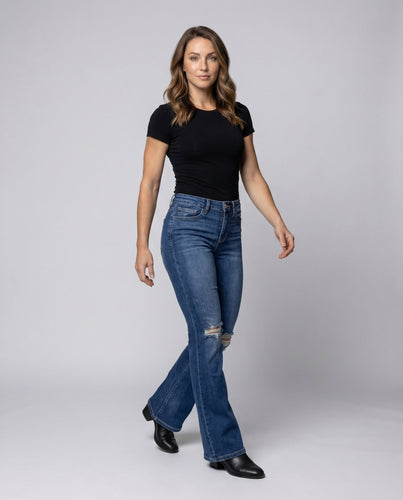 Women Flared Stretch Jeans Knee-Used-Effect