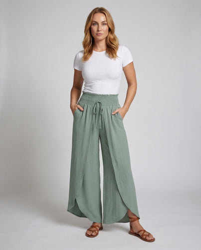 Women's Wrap Palazzo Pants Double Layer Smocked Waistband