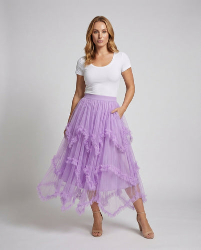 Women Tiered Tulle Skirt Asymmetrical Ruffle Hem