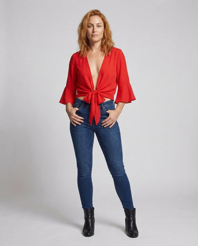 Women Tied Blouse Trumpet Sleeves Knot Front