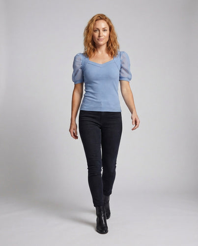Women's ribbed top heart window organza puff sleeves