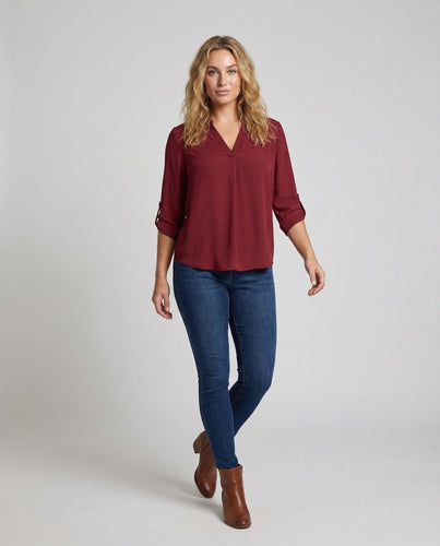 Women Crêpe Blouse Roll-up Sleeves A-Line