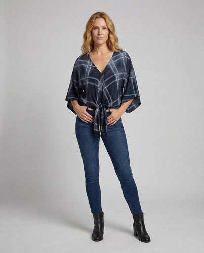 Women's V-Neck Blouse Kimono Sleeves Knot Front