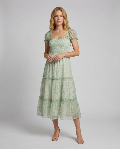 Women's Tiered Midi Dress Smocked Bodice Chiffon Layer