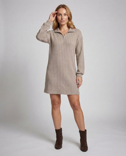 Women ribbed knit sweater dress with stand-up collar