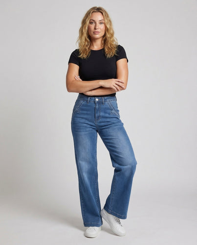 Women's high-cut wide denim palazzo pants