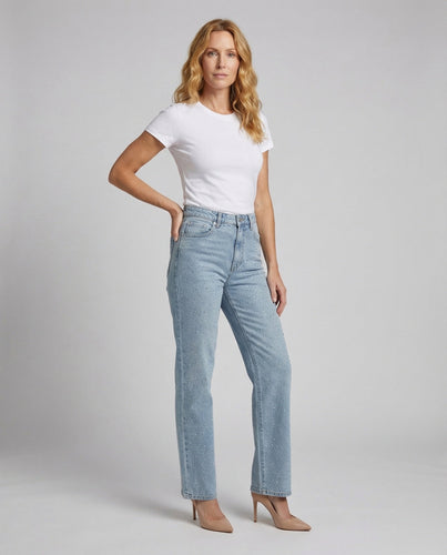 Women's high-waisted denim jeans with rhinestones