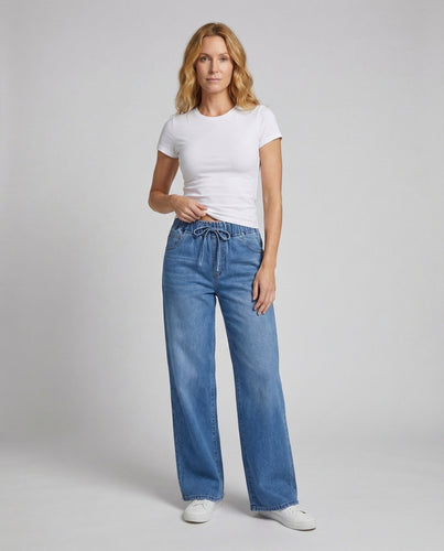 Women's high-waisted denim palazzo pants with drawstring