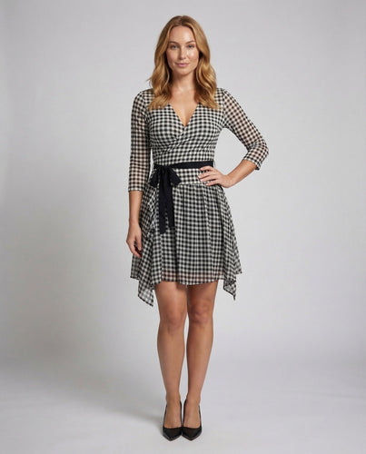 Women's checkered wrap dress with tiered hem