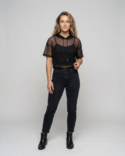 Women's short cut mesh hooded top.