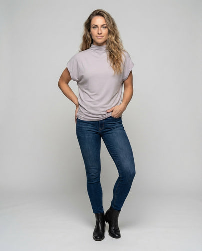 Women's casual tunic top with stand-up collar.